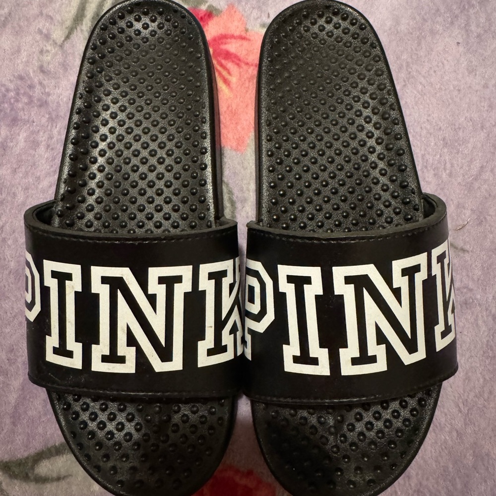 PINK Black Slide Sandals